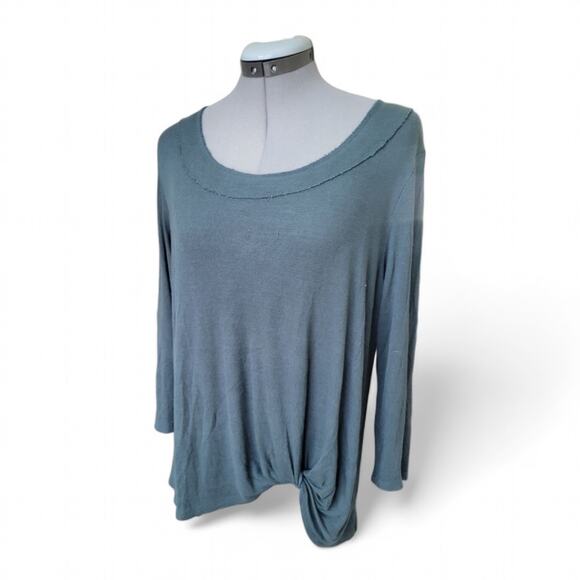 Knot Front Stretchy Long Sleeve Top Size Large Fine Ribbed Turquoise - Picture 2 of 6